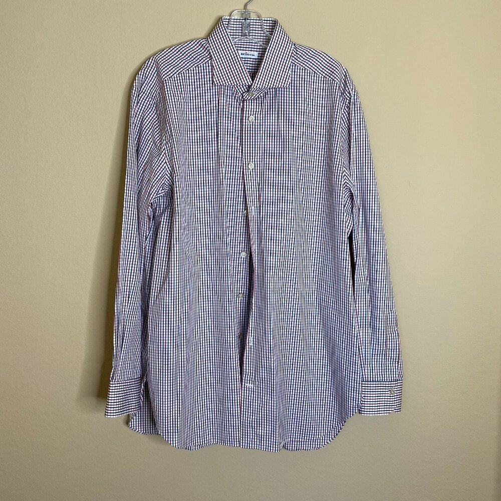 kiton red, white & blue check dress shirt